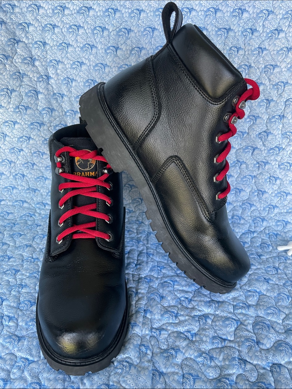 Brahma Black Leather Work Boots with Red Laces
